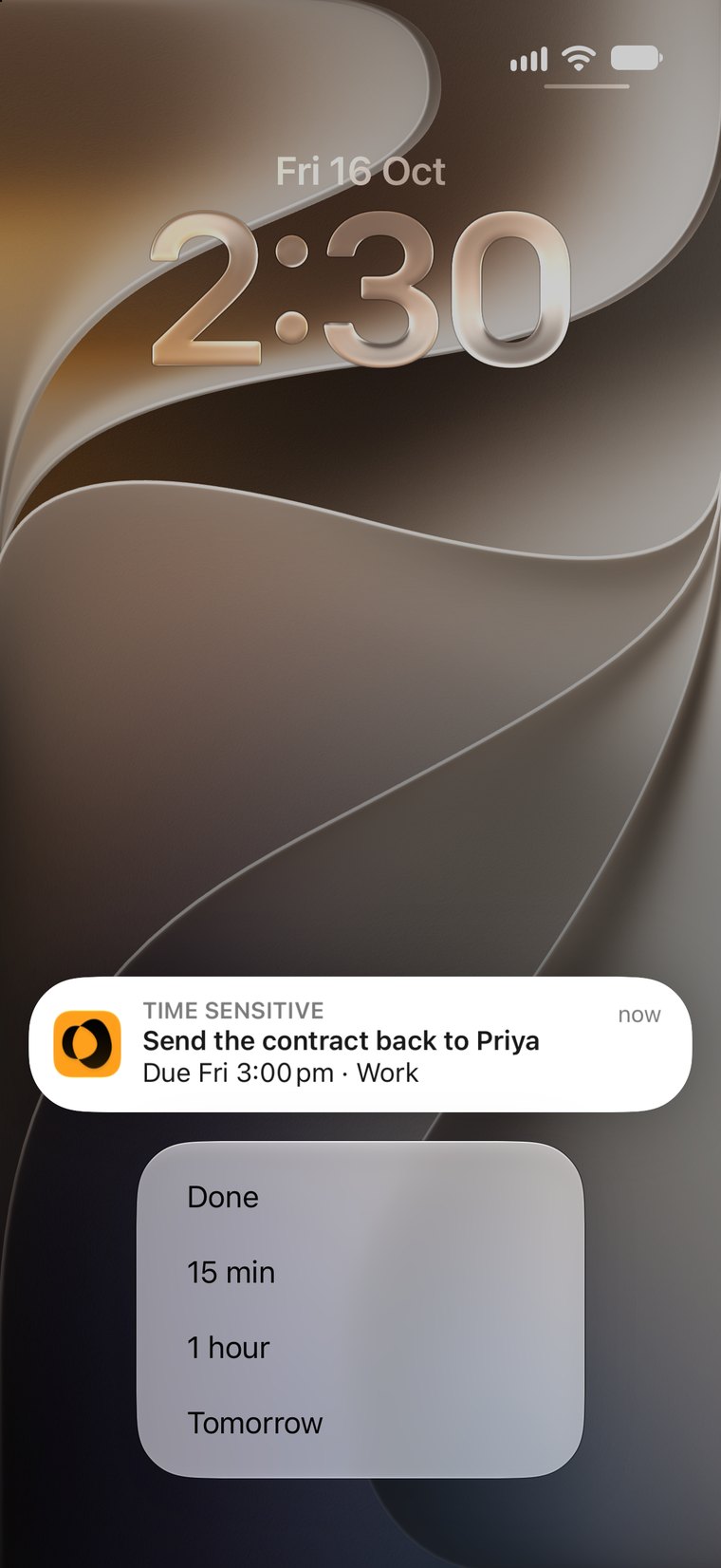 A Sammy reminder on the lock screen, Send the contract back to Priya, held open to show Done, 15 min, 1 hour and Tomorrow