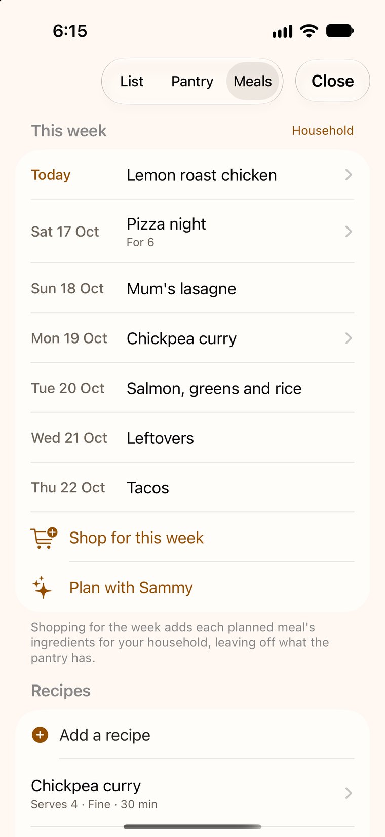 Sammy’s meal plan for the week, starting with lemon roast chicken tonight, with Shop for this week and Plan with Sammy