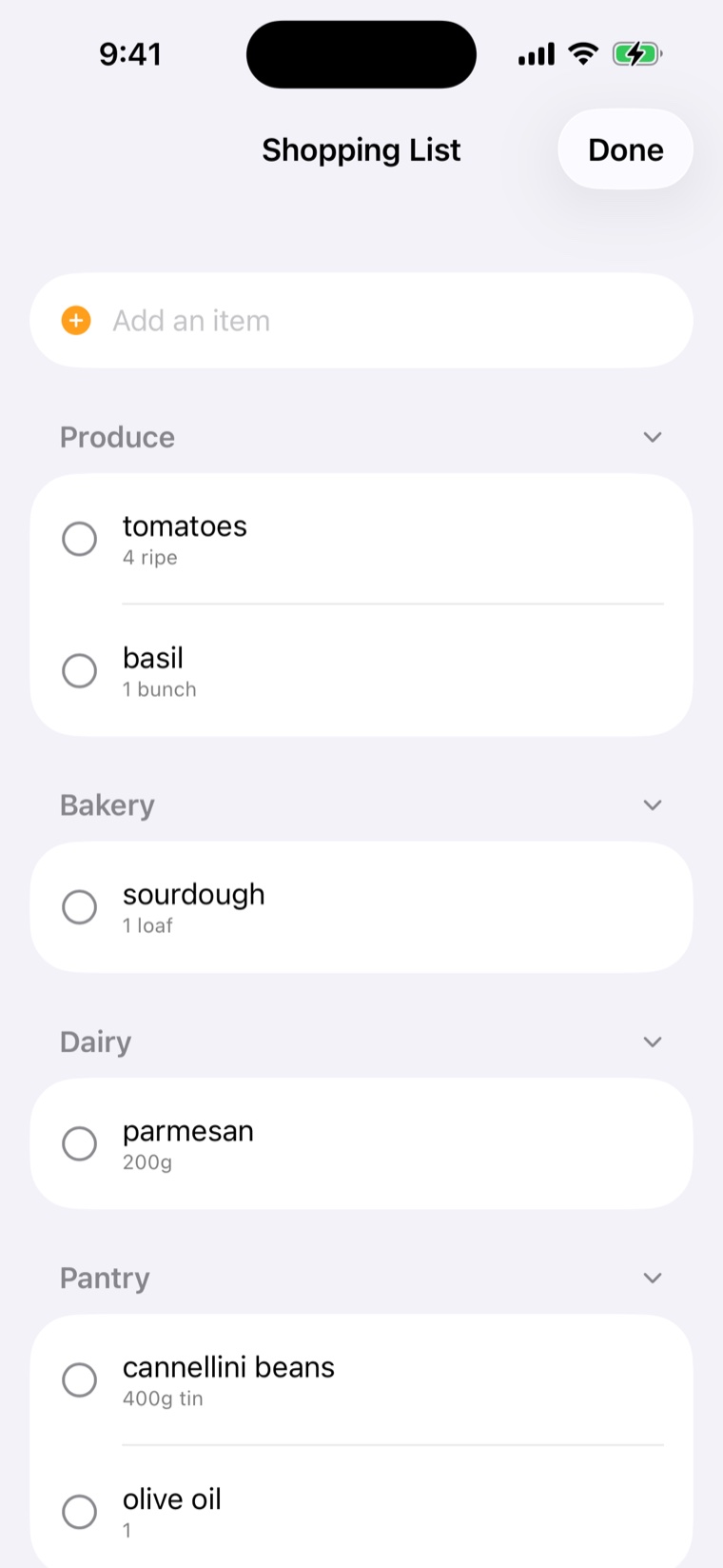 Sammy’s shopping list grouped by aisle: produce, bakery, dairy
