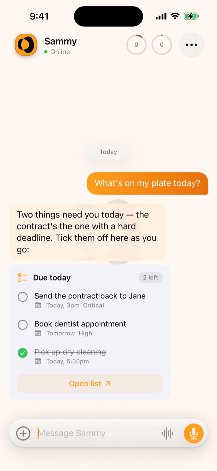 Sammy showing an interactive to-do card with two tasks due today