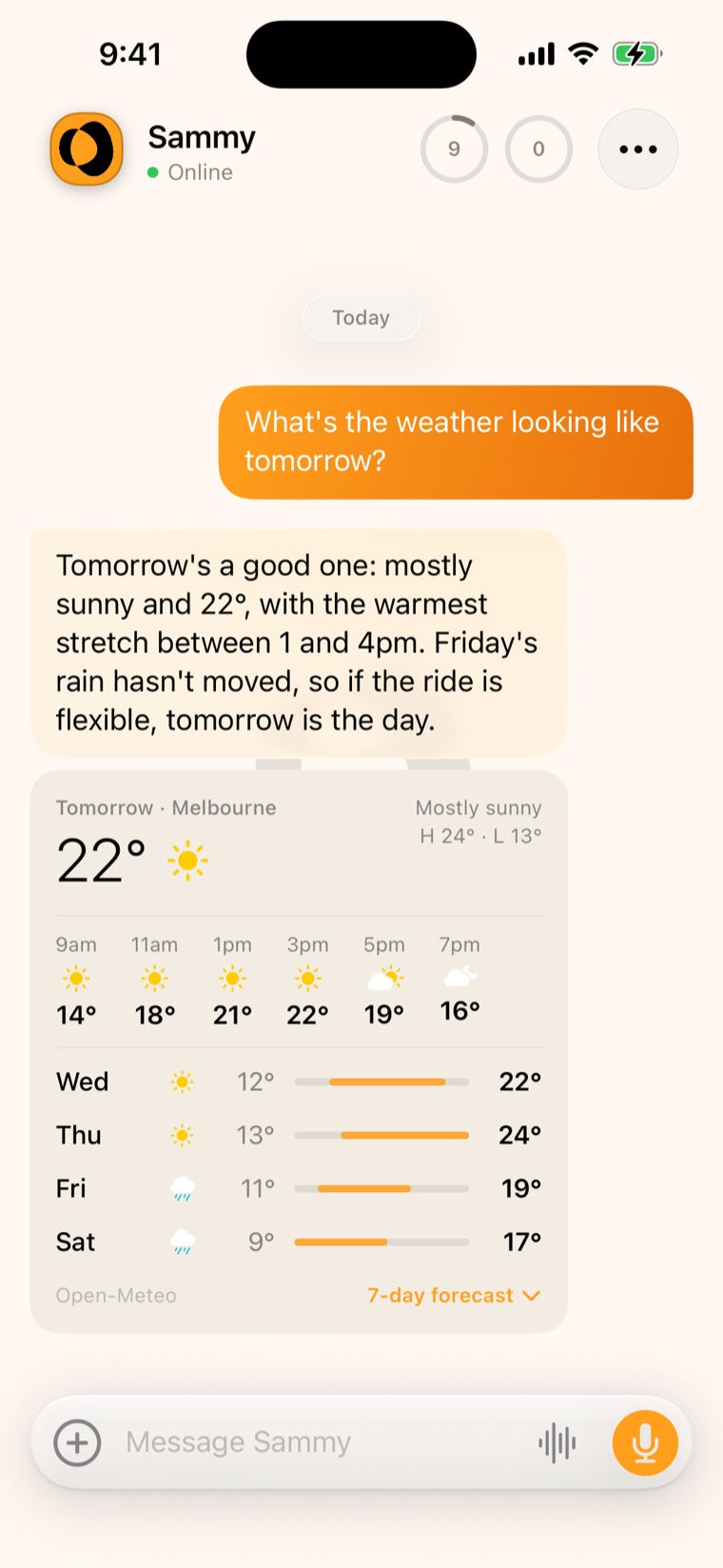 A chat with Sammy showing tomorrow’s weather card for Melbourne