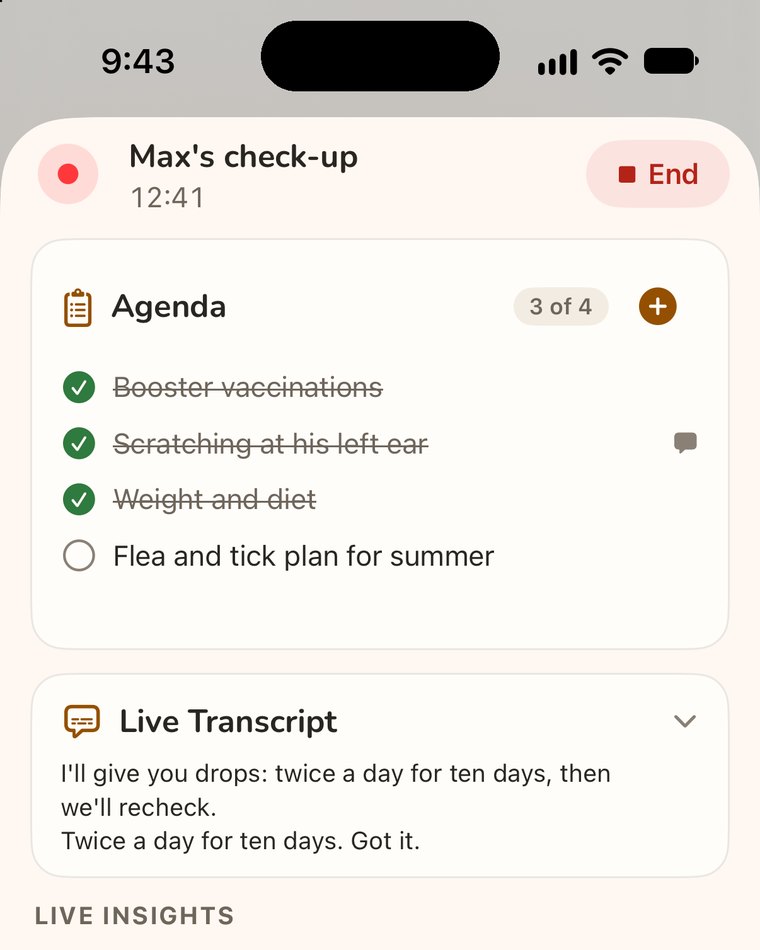 Appointment Mode recording Max’s check-up: an agenda with three of four items ticked off, and a live transcript