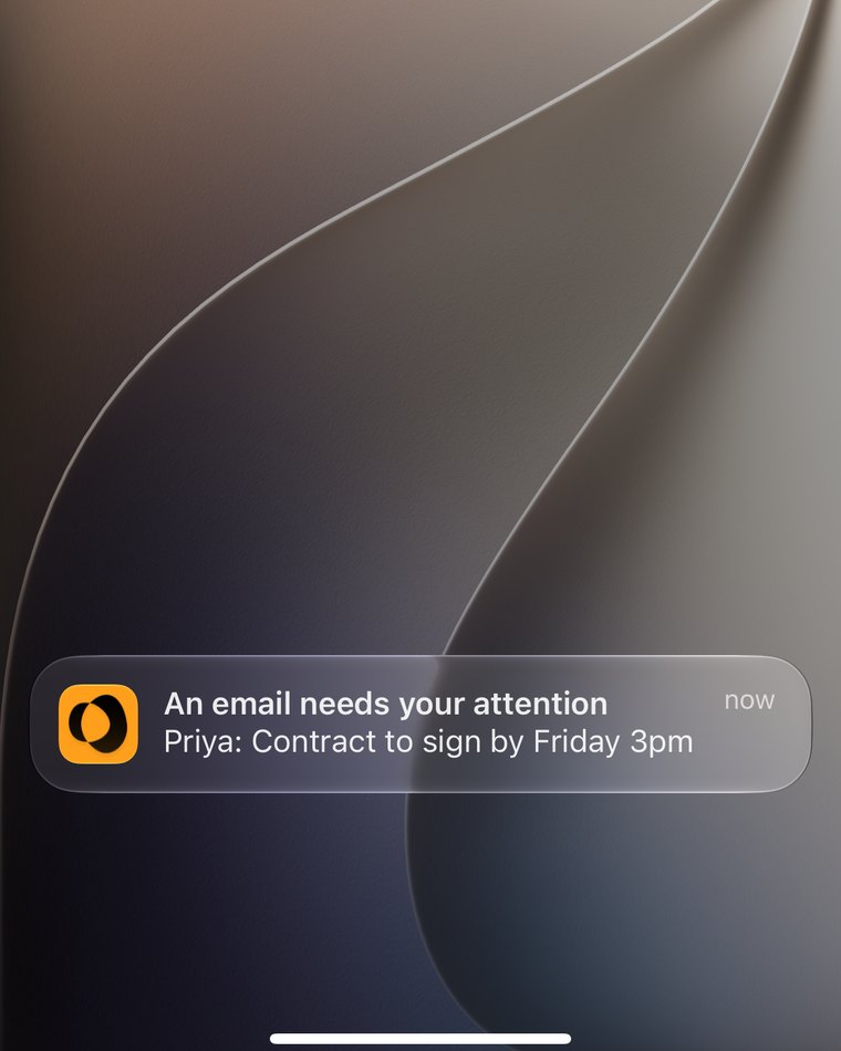A Sammy notification on the lock screen: An email needs your attention. Priya: Contract to sign by Friday 3pm