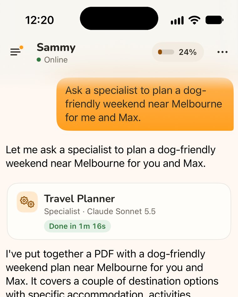 Sammy asks a Travel Planner specialist to plan a dog-friendly weekend near Melbourne for Leo and Max; it’s done in 1 minute 16 seconds, with a PDF plan
