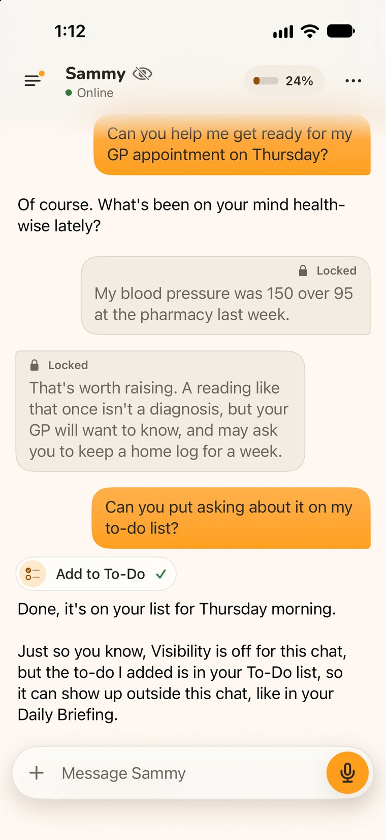 A chat with Visibility off, shown by an eye-slash by Sammy&rsquo;s name: two messages are marked Locked, and Sammy notes the to-do it added can still show in the To-Do list and Daily Briefing