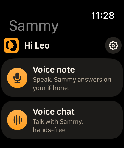 Sammy on Apple Watch, with Voice note and Voice chat buttons