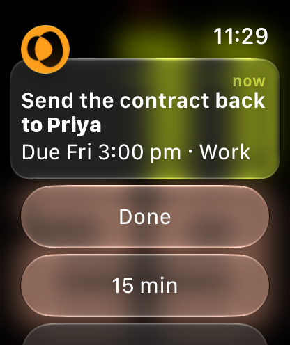 A Sammy reminder on Apple Watch: Send the contract back to Priya, with Done and 15 min buttons