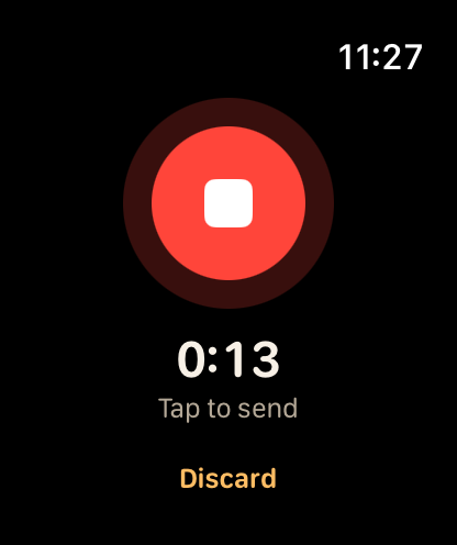 Recording a voice note on Apple Watch, with Tap to send and Discard